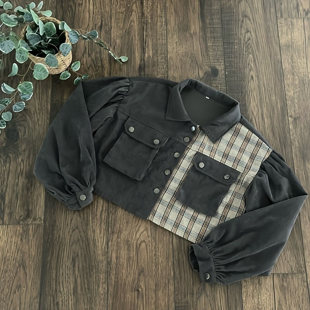 SHEIN Spliced Plaid Flap Pocket Crop Corduroy Jacket